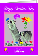 Mother’s Day To Mom, raccoons with flowers on purple in pink frame card
