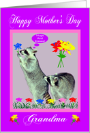 Mother’s Day To Grandma, raccoons with flowers on purple in pink frame card