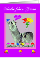 Mother’s Day in Italian, raccoons with flowers in pink frame, purple card