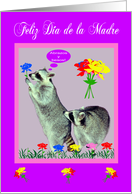 Mother’s Day in Spanish, raccoons with flowers in pink frame, purple card