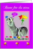 Mother’s Day in French, raccoons with flowers in pink frame, purple card