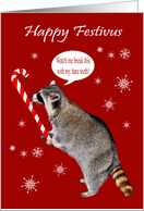 Festivus with a Raccoon Doing Feats of Strenght Licking Candy Cane card