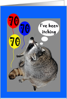 70th Birthday, raccoon with balloons itching card