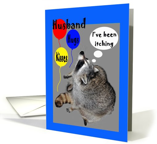 Birthday for Husband, raccoon with balloons itching card (746734)