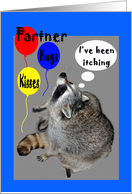 Birthday for Partner, raccoon with balloons itching card
