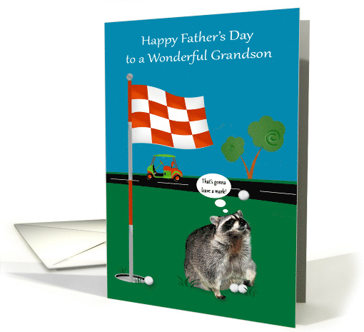 Father's Day to Grandson with a Raccoon and Golf Balls on a Green card