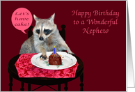 Birthday to Nephew with a Raccoon with a Piece of Cake and a Candle card