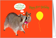 50th Birthday, An adorabe raccoon with a cute Pomeranian on orange card