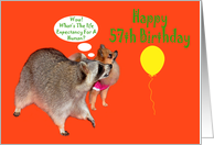 57th Birthday, Raccoon with Pomeranian, balloon on orange background card