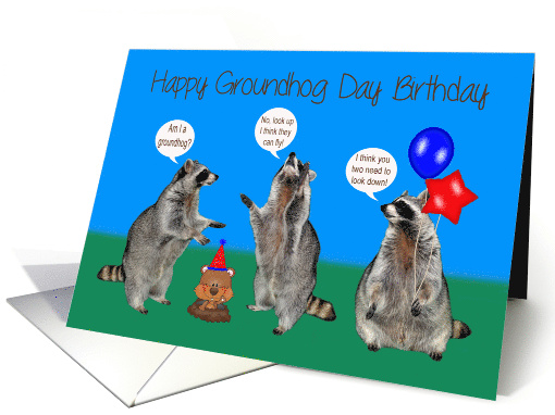 Birthday On Groundhog Day with Confused Raccoons and Balloons card
