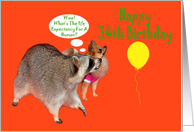 34th Birthday, Raccoon with Pomeranian, yellow balloon on orange card