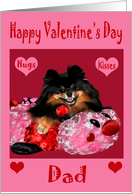 Valentine’s Day To Dad, Pomeranian on bee, red hearts on light pink card