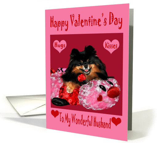 Valentine's Day To Husband, Pomeranian with red hearts on... (756054)