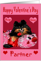 Valentine’s Day To Partner, Pomeranian laying on bug with hearts, pink card
