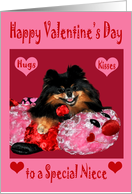 Valentine’s Day To Niece, Pomeranian laying on bug with hearts, pink card