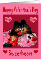 Valentine’s Day To Sweetheart, Pomeranian laying on bug with hearts card