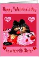 Valentine’s Day to Sister a Pomeranian Laying on a Bee with Hearts card