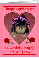 Anniversary to Daughter and Son-in-Law, Pomeranian with smile, pink card