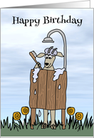 Birthday, age humor, general, goat taking a shower, yellow flowers card
