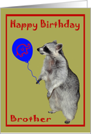 Birthday to Brother, Raccoon with a blue, elephant balloon on green card