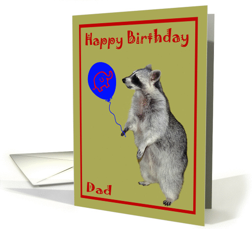 Birthday to Dad, Raccoon with a blue, elephant balloon on green card
