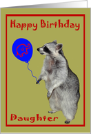 Birthday to Daughter, Raccoon with a blue, elephant balloon on green card
