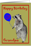 Birthday for Grandpa, Raccoon with a blue, elephant balloon on green card