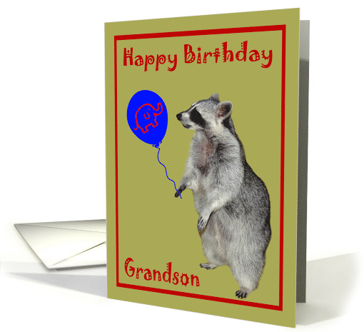 Birthday for Grandson with a Raccoon Holding an Elephant Balloon card