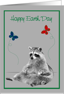 Earth Day, general, Raccoons with colorful butterflies on gray, green card