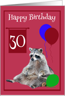 30th Birthday, Raccoon sitting with colorful balloons on magenta card