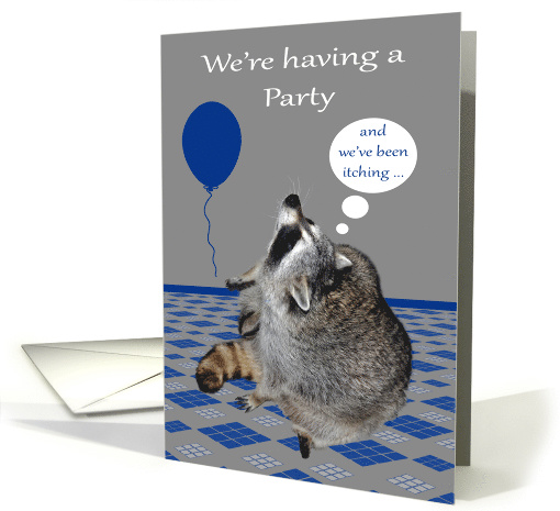 Invitations to Party, general, Raccoon itching with a talk bubble card