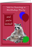 Invitations to Birthday Party, general, Raccoon with colorful balloons card