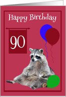 90th Birthday, Raccoon sitting with colorful balloons on magenta card