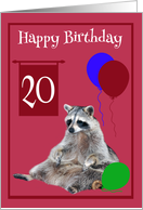 20th Birthday, Raccoon sitting with colorful balloons on magenta card
