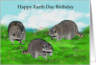 Birthday on Earth Day with Raccoons among Flowers and Dragonflies card