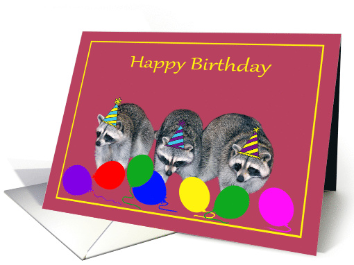 Birthday, general, three adorable raccoons with hats and balloons card