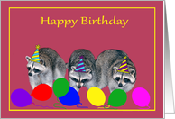 Birthday, general, three adorable raccoons with hats and balloons card