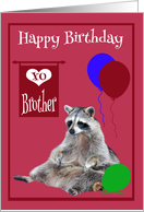 Birthday to Brother, Raccoon sitting with colorful balloons, magenta card