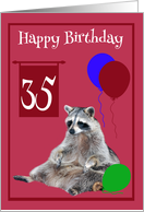 35th Birthday, cute raccoon sitting with colorful balloons on magenta card