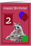 2nd Birthday, cute raccoon sitting with colorful balloons on magenta card