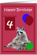 4th Birthday, cute raccoon sitting with colorful balloons on magenta card