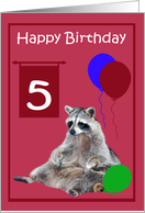 5th Birthday, cute raccoon sitting with colorful balloons on magenta card