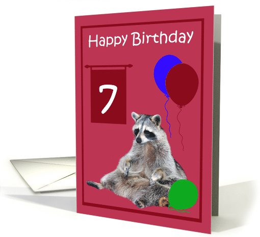 7th Birthday, cute raccoon sitting with colorful balloons... (761890)
