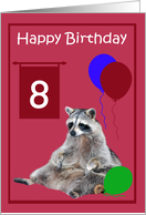 8th Birthday, cute raccoon sitting with colorful balloons on magenta card