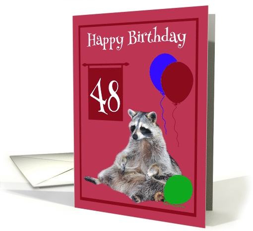 48th Birthday, Raccoon sitting with colorful balloons on magenta card