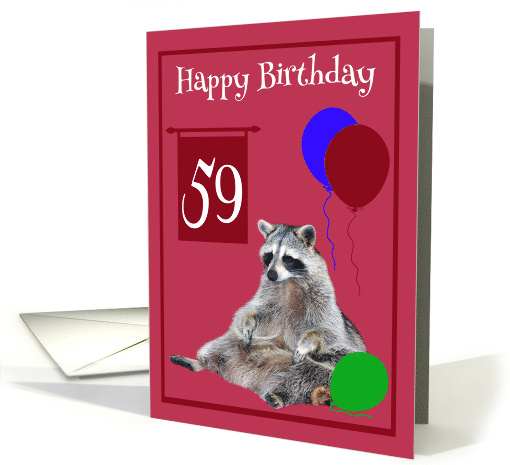 59th Birthday, Raccoon sitting with colorful balloons on magenta card