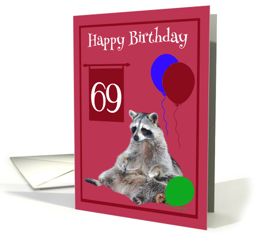 69th Birthday, Raccoon sitting with colorful balloons on magenta card