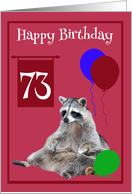 73rd Birthday, Raccoon sitting with colorful balloons on magenta card