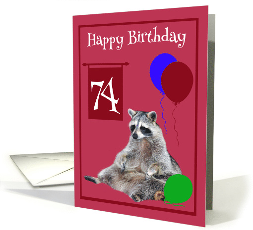 74th Birthday, Raccoon sitting with colorful balloons on magenta card