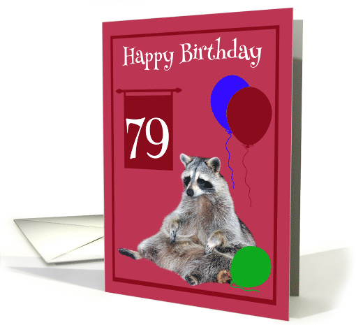 79th Birthday, cute raccoon sitting with colorful balloons... (762056)